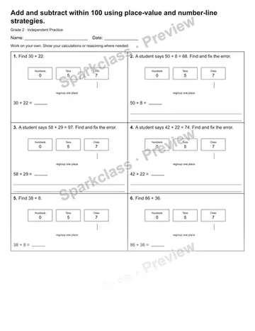 Add and subtract within 100 using place-value and number-line strategies. — Independent Practice — Grade 2 worksheet preview