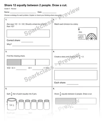 Share 12 equally between 2 people. Draw a cut. — Review — Grade 5 worksheet preview