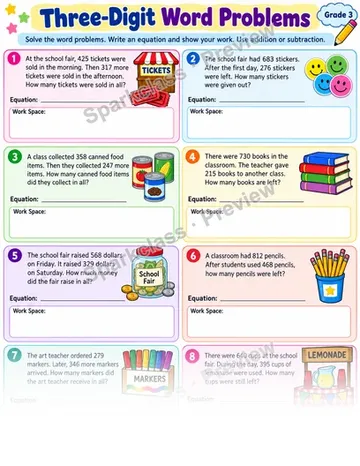 Three Digit Word Problems — Grade 3 worksheet preview