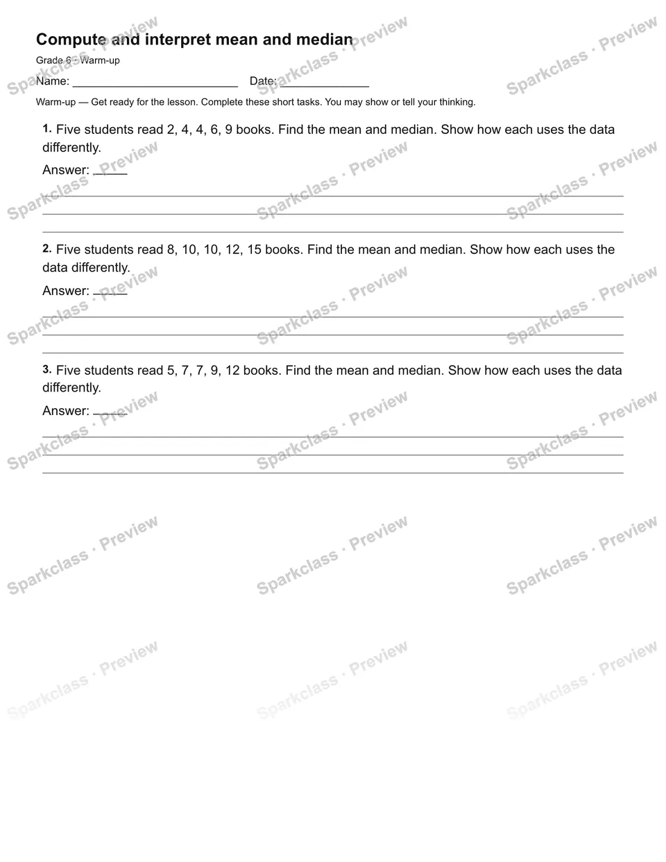 Compute and interpret mean and median — Warm-up — page 1