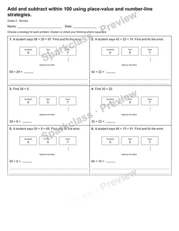 Add and subtract within 100 using place-value and number-line strategies. — Review — Grade 2 worksheet preview