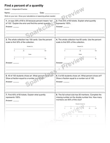 Find a percent of a quantity — Independent Practice — Grade 6 worksheet preview