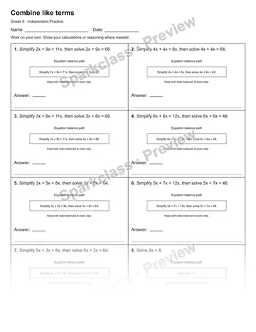 Combine like terms — Independent Practice — Grade 8 worksheet preview