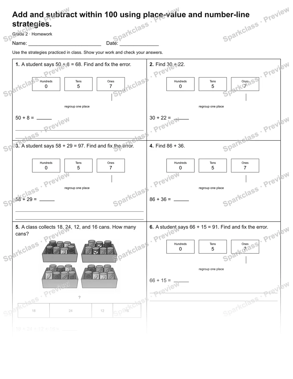Add and subtract within 100 using place-value and number-line strategies. — Homework — page 1
