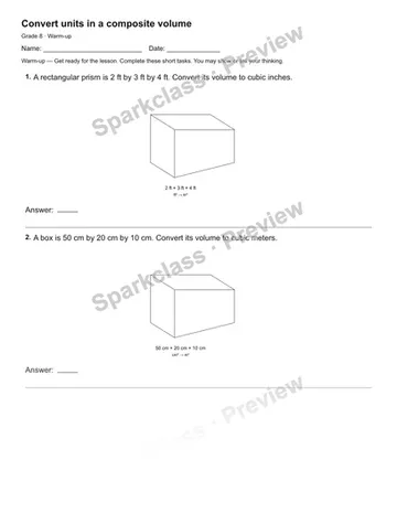 Convert units in a composite volume — Warm-up — Grade 8 worksheet preview