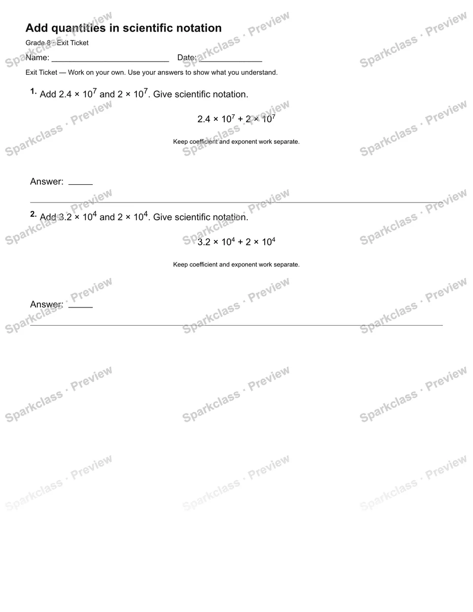 Add quantities in scientific notation — Exit Ticket — page 1