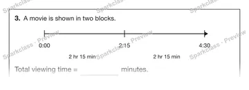 3. A movie is shown in two blocks. 0:00 2:15 4:30 2 hr 15 min 2 hr 15 min Total viewing time = minutes. — Grade 5 problem preview