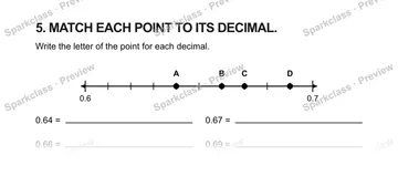 5. MATCH EACH POINT TO ITS DECIMAL. Write the letter of the point for each decimal. 0.6 0.7 A B C D 0.64 = 0.67 = 0.66 = 0.69 = — Grade 5 problem preview