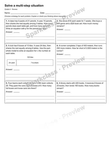 Solve a multi-step situation — Review — Grade 4 worksheet preview