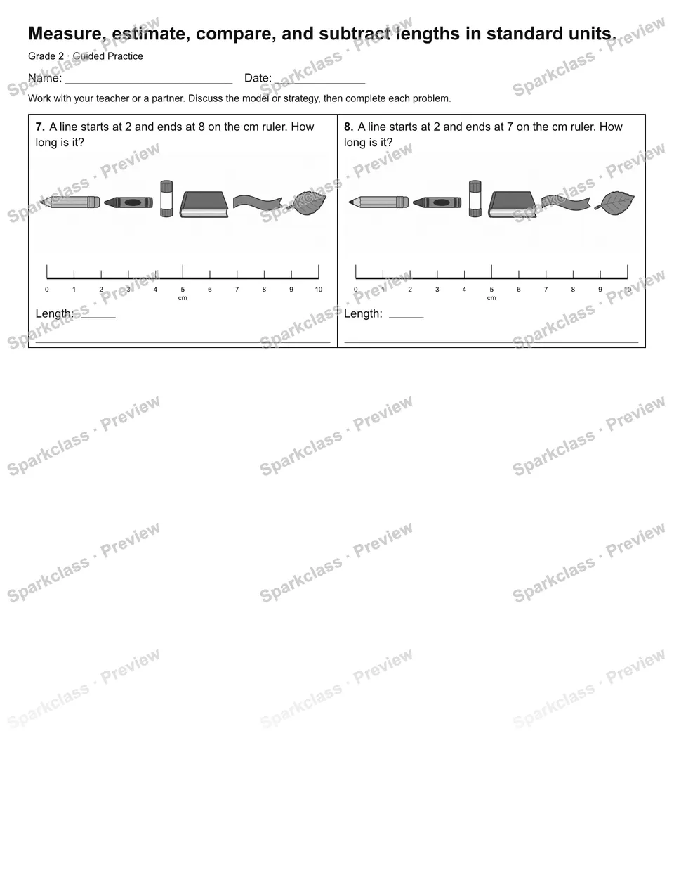 Measure, estimate, compare, and subtract lengths in standard units. — Guided Practice — page 2