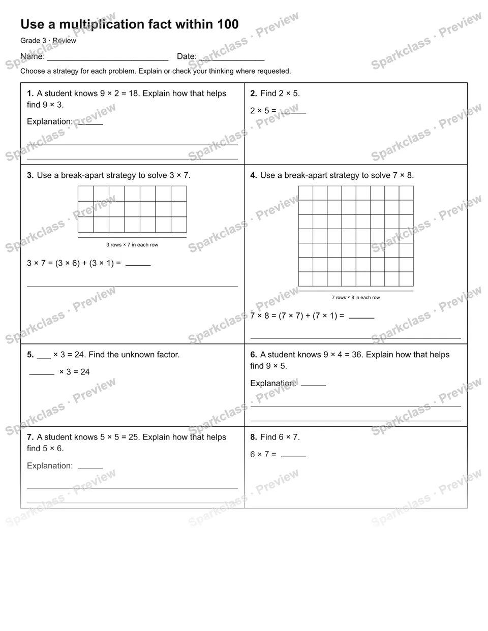 Use a multiplication fact within 100 — Review — page 1