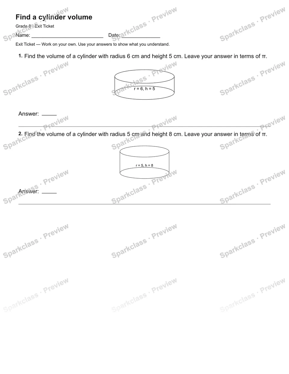 Find a cylinder volume — Exit Ticket — page 1