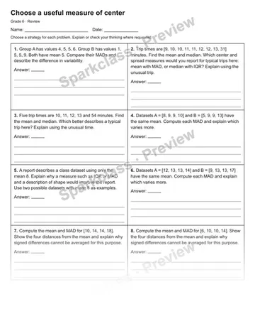 Choose a useful measure of center — Review — Grade 6 worksheet preview