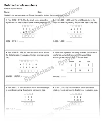 Subtract whole numbers — Guided Practice — Grade 4 worksheet preview