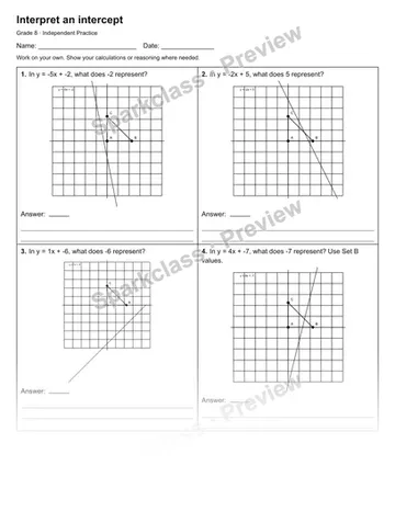 Interpret an intercept — Independent Practice — Grade 8 worksheet preview