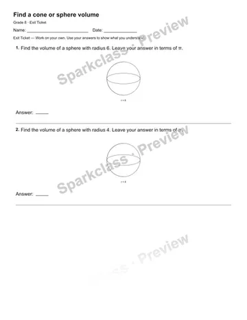 Find a cone or sphere volume — Exit Ticket — Grade 8 worksheet preview