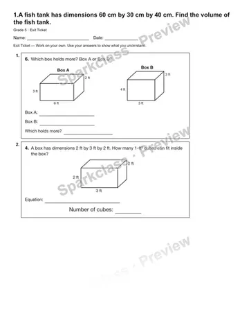 1.A fish tank has dimensions 60 cm by 30 cm by 40 cm. Find the volume of the fish tank. — Exit Ticket — Grade 5 worksheet preview