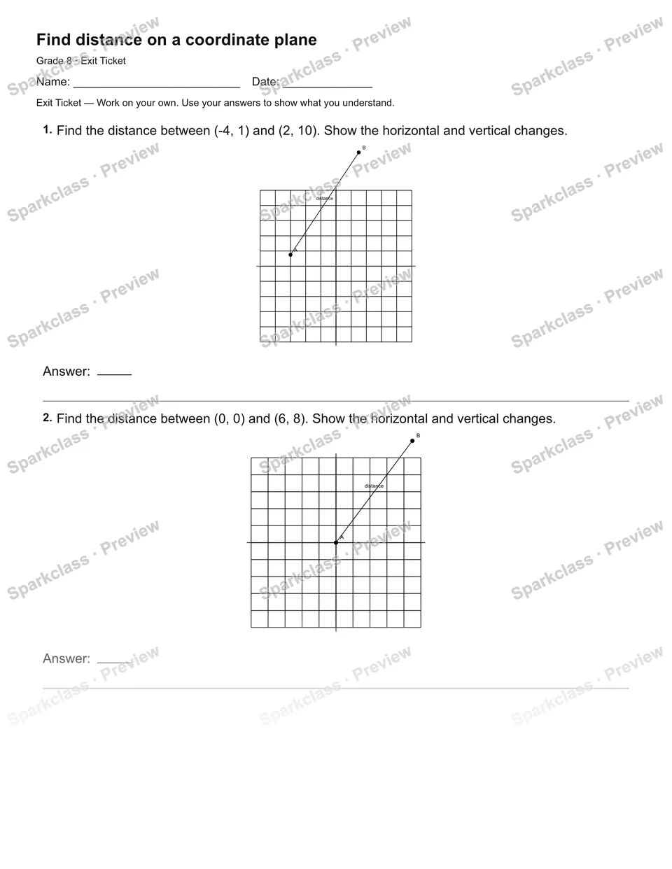 Find distance on a coordinate plane — Exit Ticket — page 1