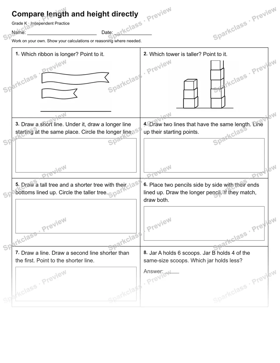 Compare length and height directly — Independent Practice — page 1