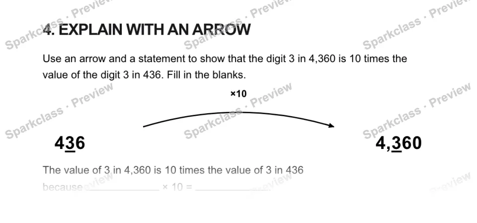 4. EXPLAIN WITH AN ARROW Use an arrow and a statement to show that the digit 3 in 4,360 is 10 times the value of the digit 3 in 436. Fill in the blanks. ×10 436 4,360 The value of — page 1