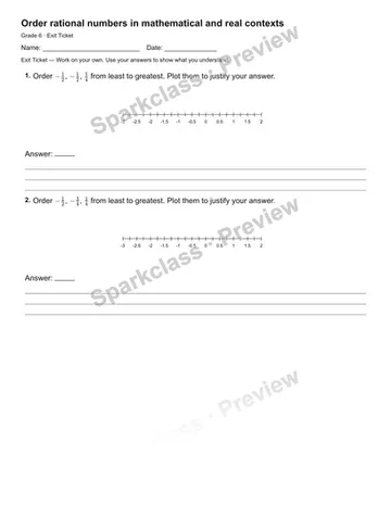 Order rational numbers in mathematical and real contexts — Exit Ticket — Grade 6 worksheet preview