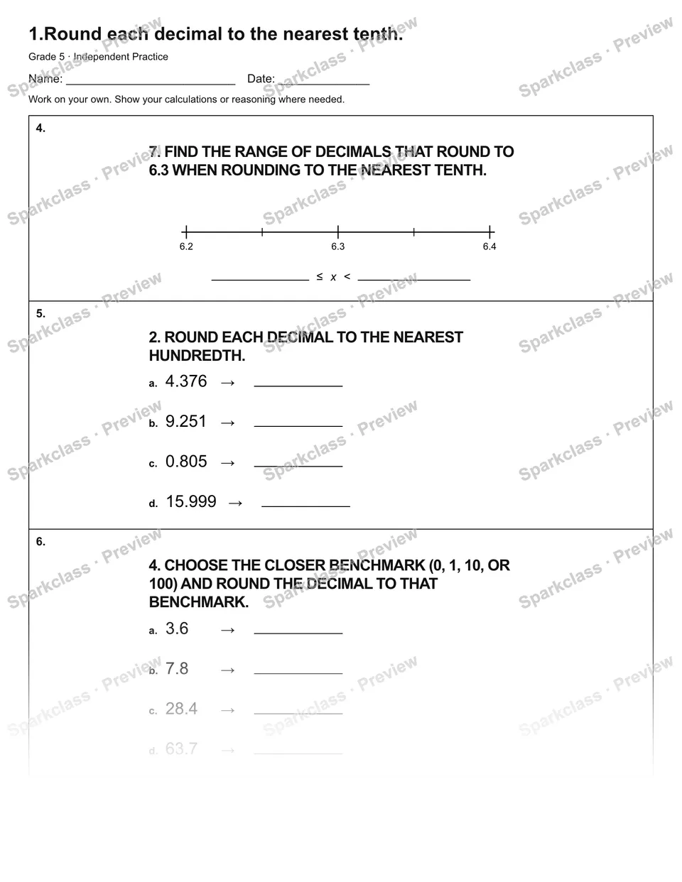 1.Round each decimal to the nearest tenth. — Independent Practice — page 2