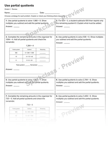 Use partial quotients — Review — Grade 4 worksheet preview