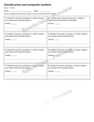 Classify prime and composite numbers — Review — Grade 4 worksheet preview