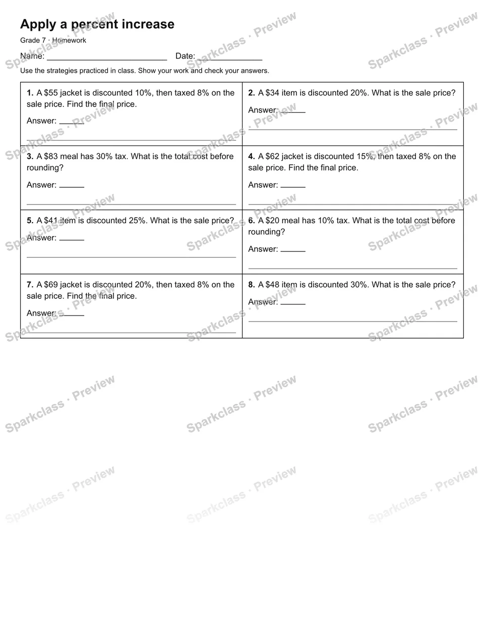 Apply a percent increase — Homework — page 1