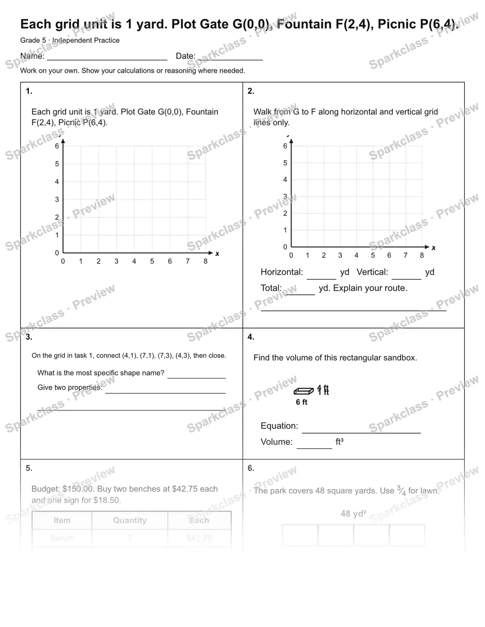 Each grid unit is 1 yard. Plot Gate G(0,0), Fountain F(2,4), Picnic P(6,4). — Independent Practice — page 1