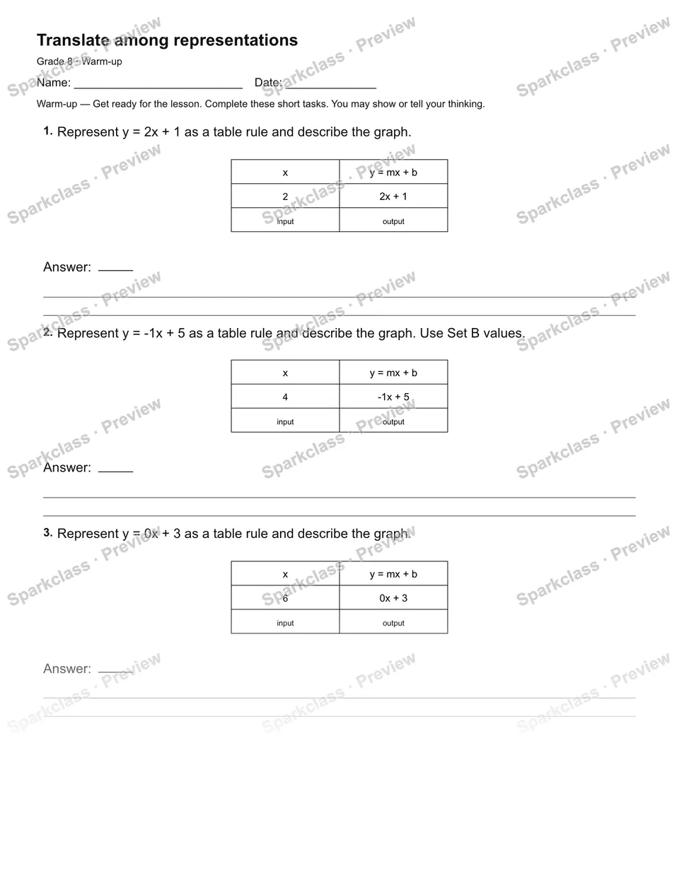 Translate among representations — Warm-up — page 1