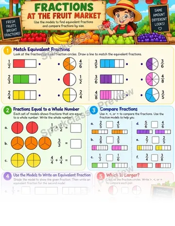 Fraction Market · Equivalent and Compare — Grade 3 worksheet preview