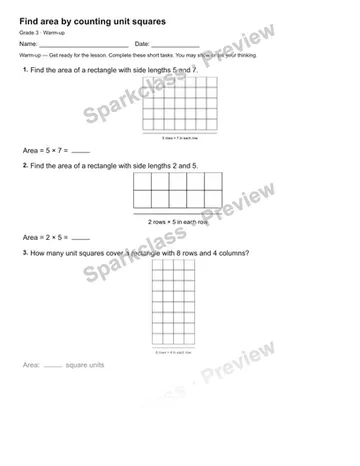 Find area by counting unit squares — Warm-up — Grade 3 worksheet preview