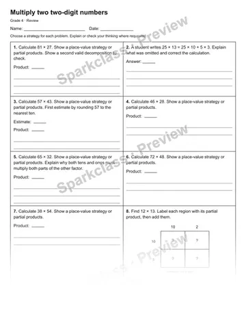 Multiply two two-digit numbers — Review — Grade 4 worksheet preview