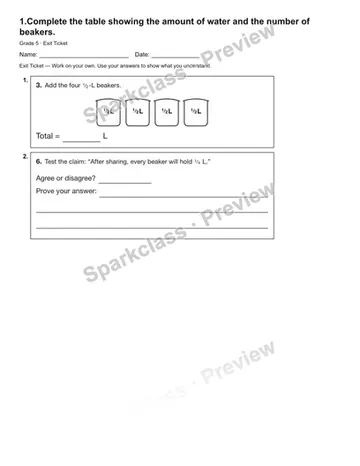 1.Complete the table showing the amount of water and the number of beakers. — Exit Ticket — Grade 5 worksheet preview