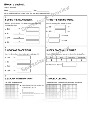 1Model a decimal. — Homework — Grade 5 worksheet preview