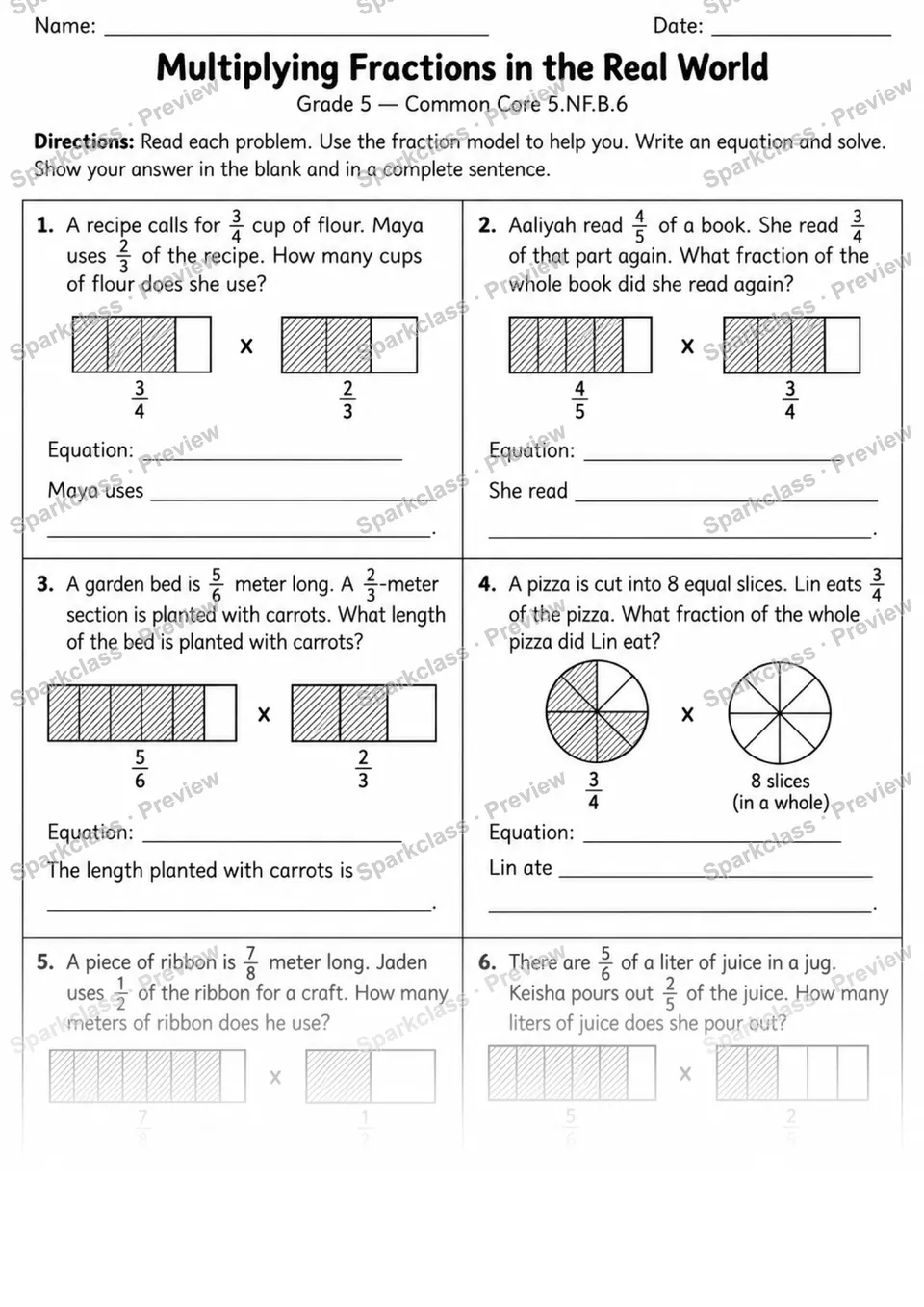 6 Multiply Fraction Word Problems Variant 2 — page 1