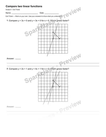 Compare two linear functions — Exit Ticket — Grade 8 worksheet preview