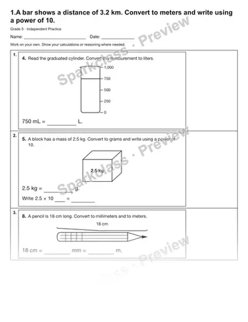 1.A bar shows a distance of 3.2 km. Convert to meters and write using a power of 10. — Independent Practice — Grade 5 worksheet preview