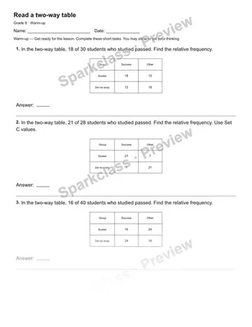 Read a two-way table — Warm-up — Grade 8 worksheet preview