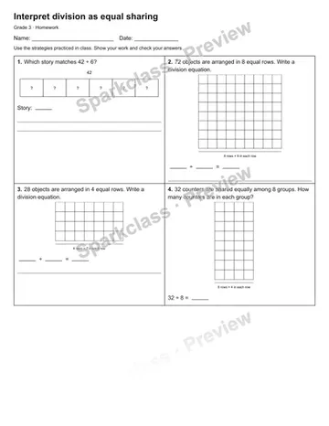 Interpret division as equal sharing — Homework — Grade 3 worksheet preview
