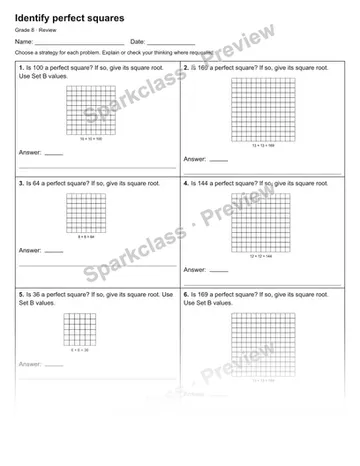 Identify perfect squares — Review — Grade 8 worksheet preview