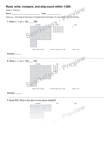 Read, write, compare, and skip-count within 1,000. — Warm-up — Grade 2 worksheet preview