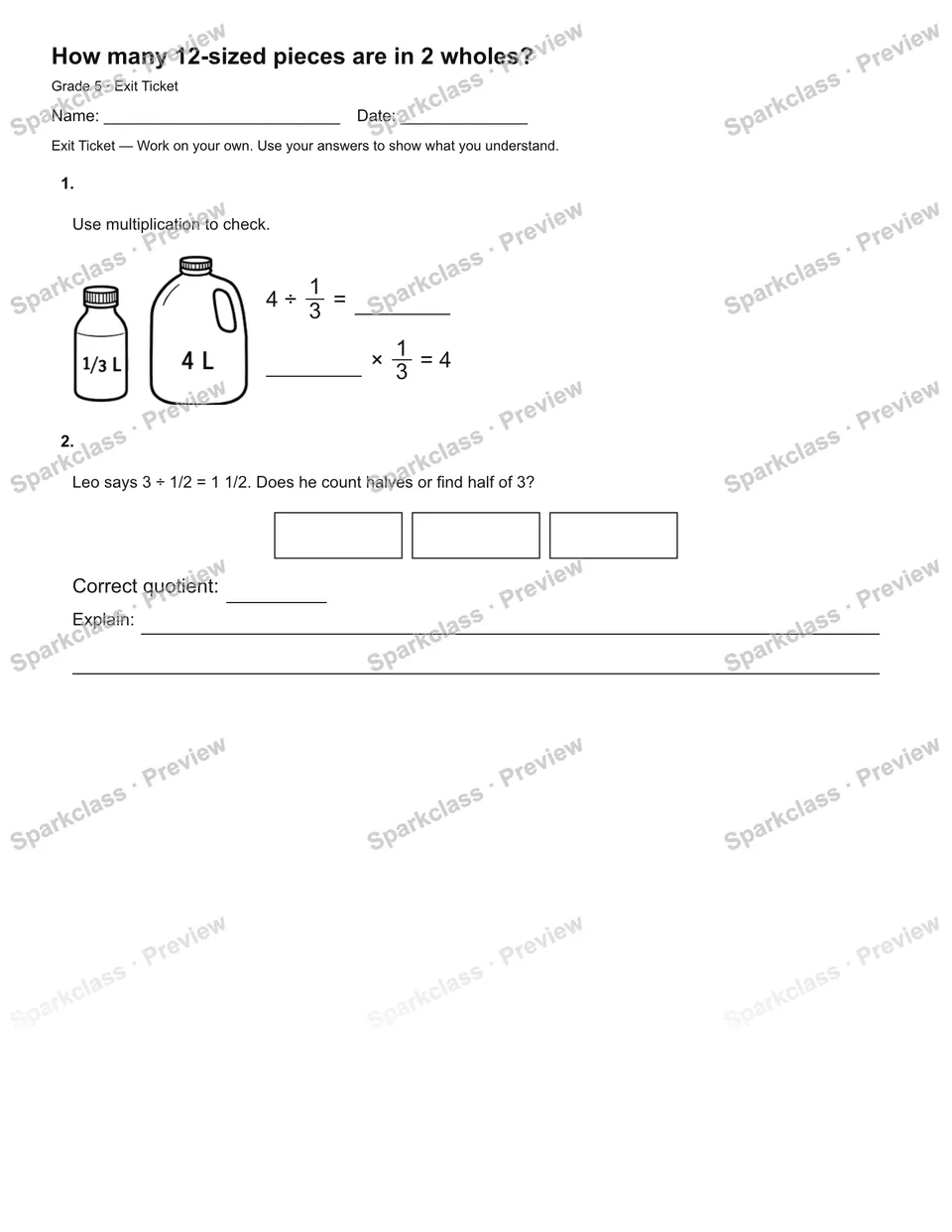 How many 12-sized pieces are in 2 wholes? — Exit Ticket — page 2