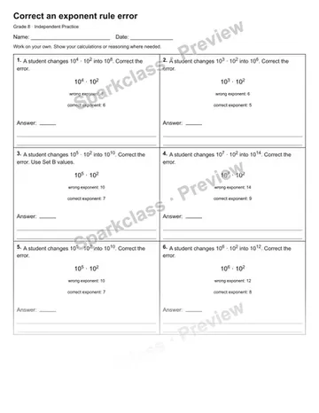 Correct an exponent rule error — Independent Practice — Grade 8 worksheet preview