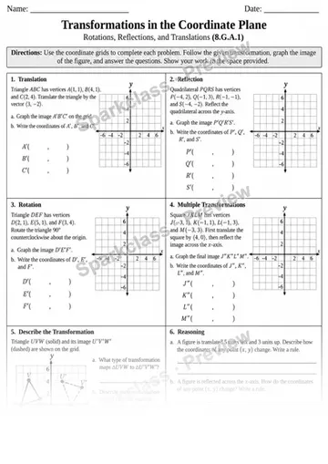 8.G.A.1 · 1 Transformations Coordinate Plane — Grade 8 worksheet preview