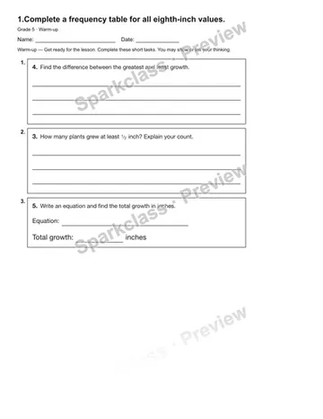 1.Complete a frequency table for all eighth-inch values. — Warm-up — Grade 5 worksheet preview