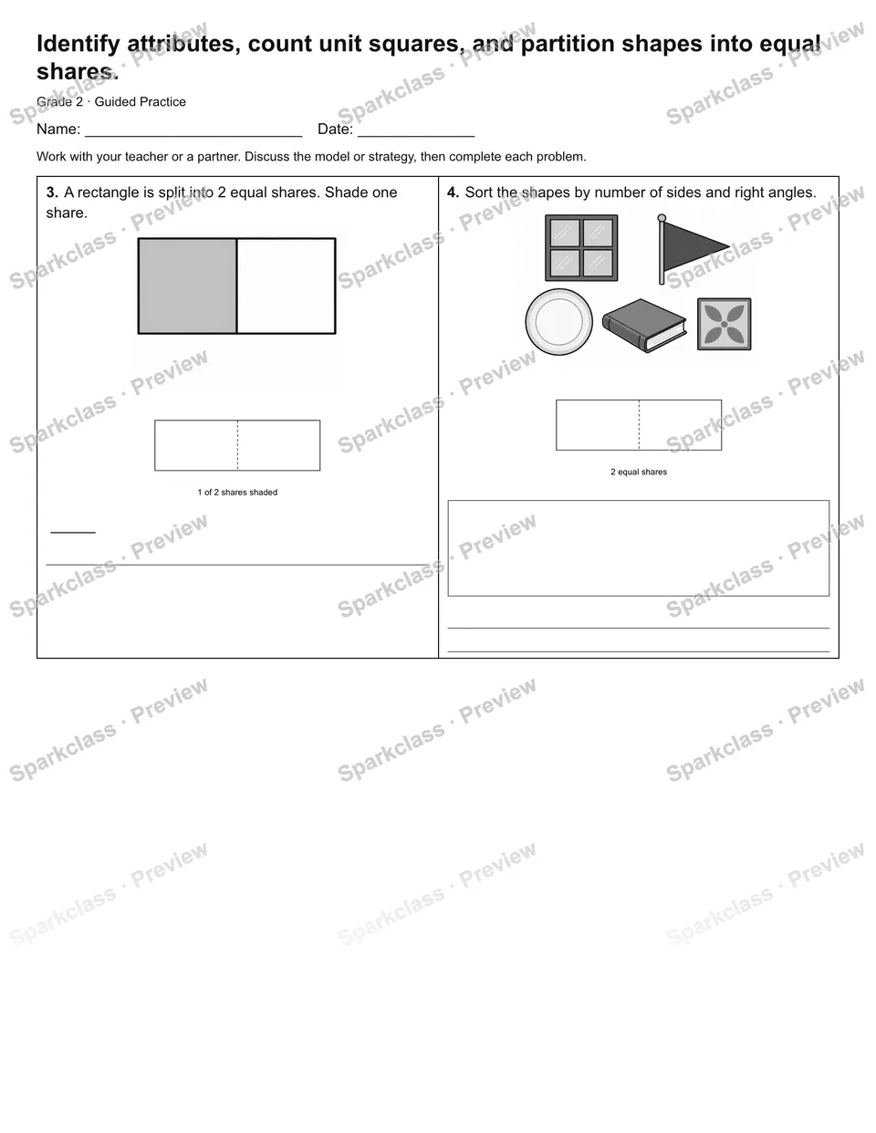 Identify attributes, count unit squares, and partition shapes into equal shares. — Guided Practice — page 2