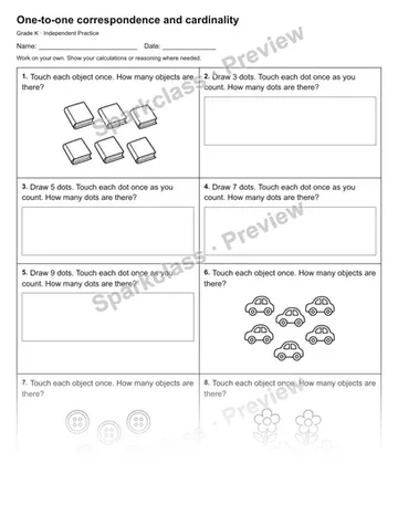 One-to-one correspondence and cardinality — Independent Practice — Kindergarten worksheet preview