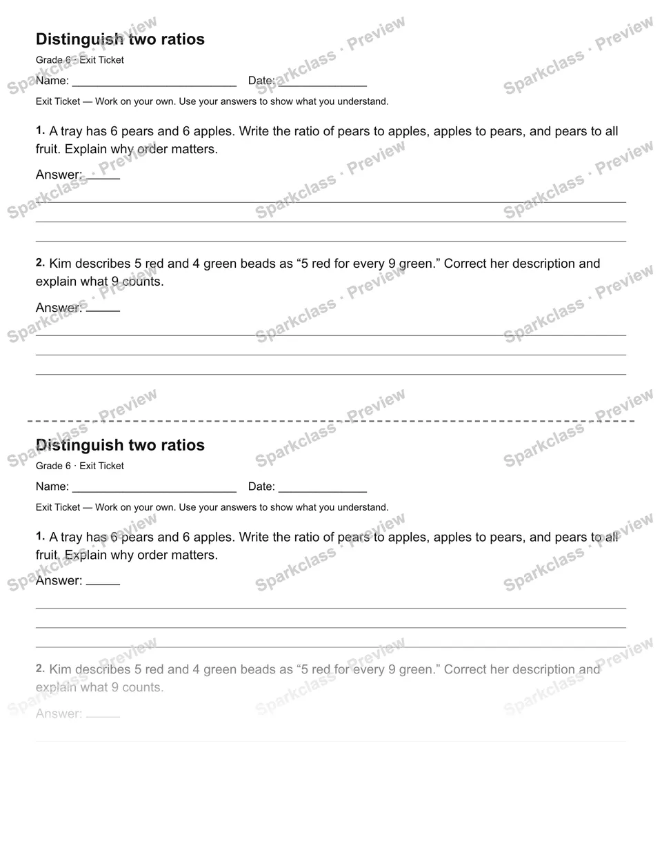 Distinguish two ratios — Exit Ticket — page 1